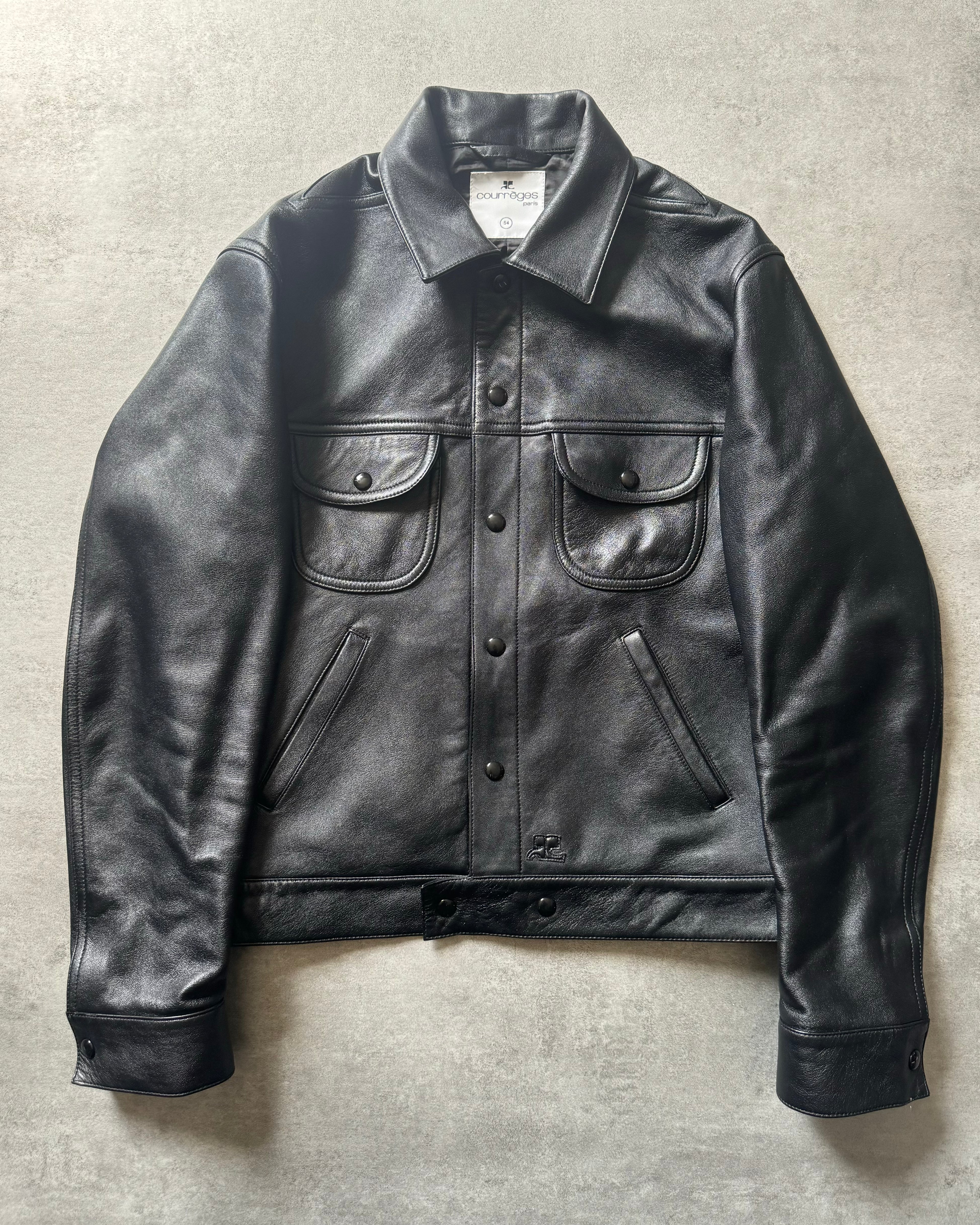 AW2023 Courrèges Worker Black Minimalist Leather Jacket (L) - 1