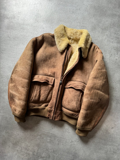 1980s Emporio Armani Camel Shearling Leather Bomber Jacket (L) - 9