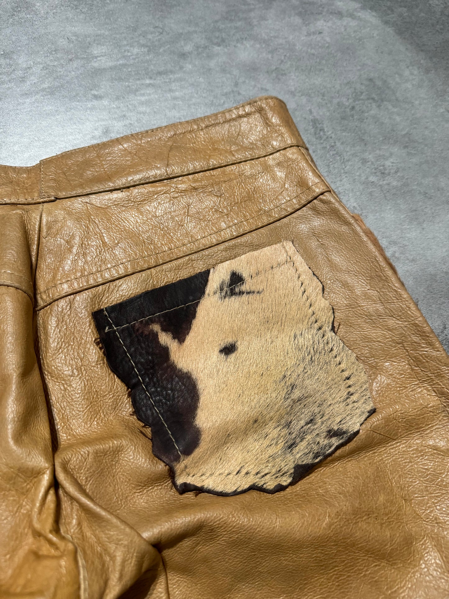 Artisanal Cow Leather Relief Pony Hair Italian Beige Pants (XS/S) - 3