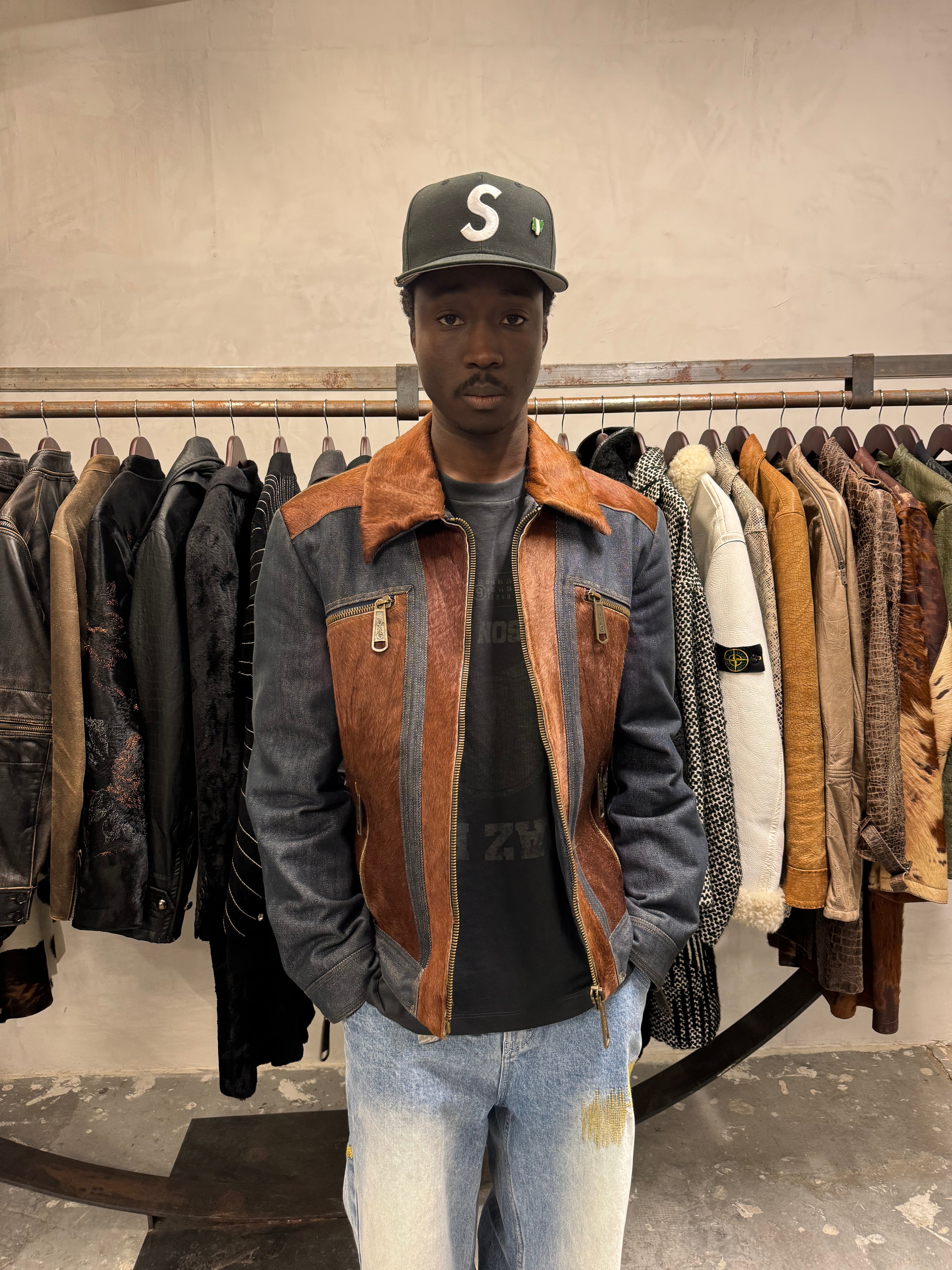 FW2005 Dolce & Gabbana Pony Hair Brown Denim Structured Biker Jacket (L) - 4