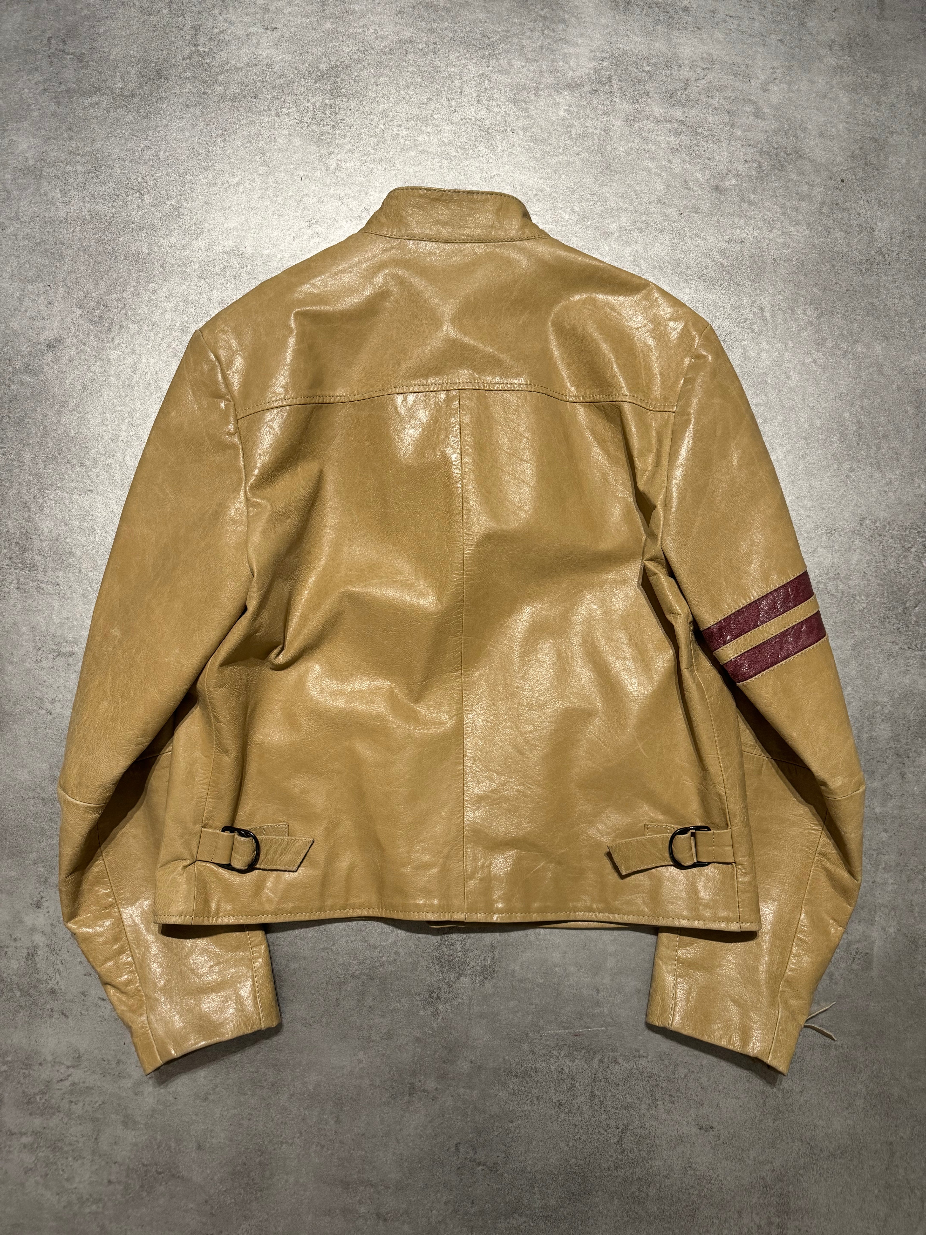 2000s Dolce & Gabbana Stripes Beige Leather Biker Racer Jacket (M) - 2