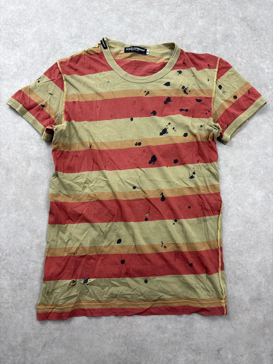 2000s Dolce & Gabbana Khaki & Red Stripe Paint Splatter Distressed T-Shirt oXPOUvjP 0