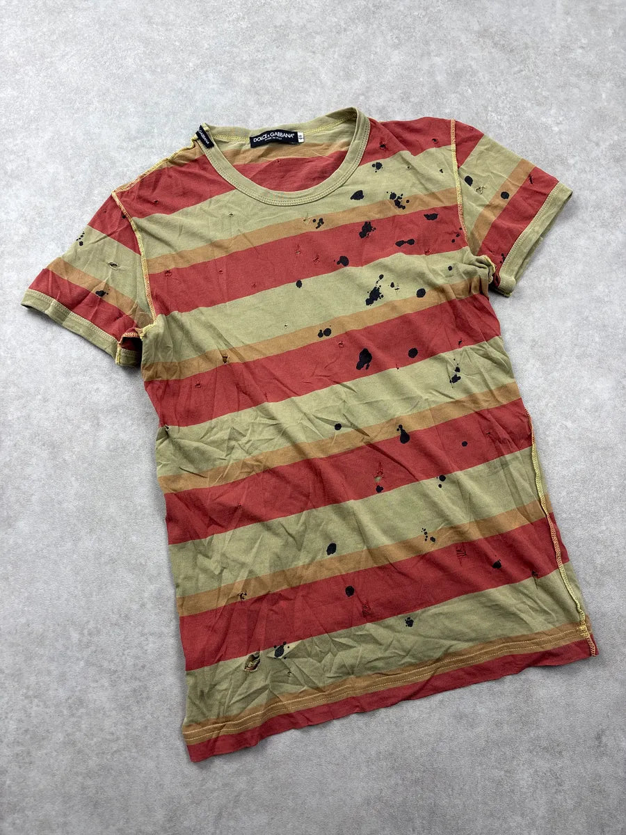 2000s Dolce & Gabbana Khaki & Red Stripe Paint Splatter Distressed T-Shirt oXPOUvjP 3
