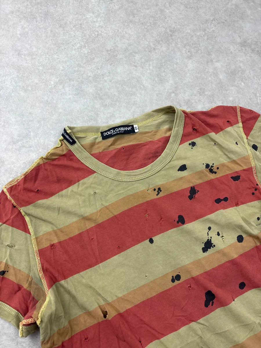 2000s Dolce & Gabbana Khaki & Red Stripe Paint Splatter Distressed T-Shirt oXPOUvjP 4