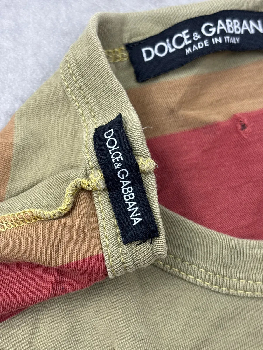 2000s Dolce & Gabbana Khaki & Red Stripe Paint Splatter Distressed T-Shirt oXPOUvjP 7