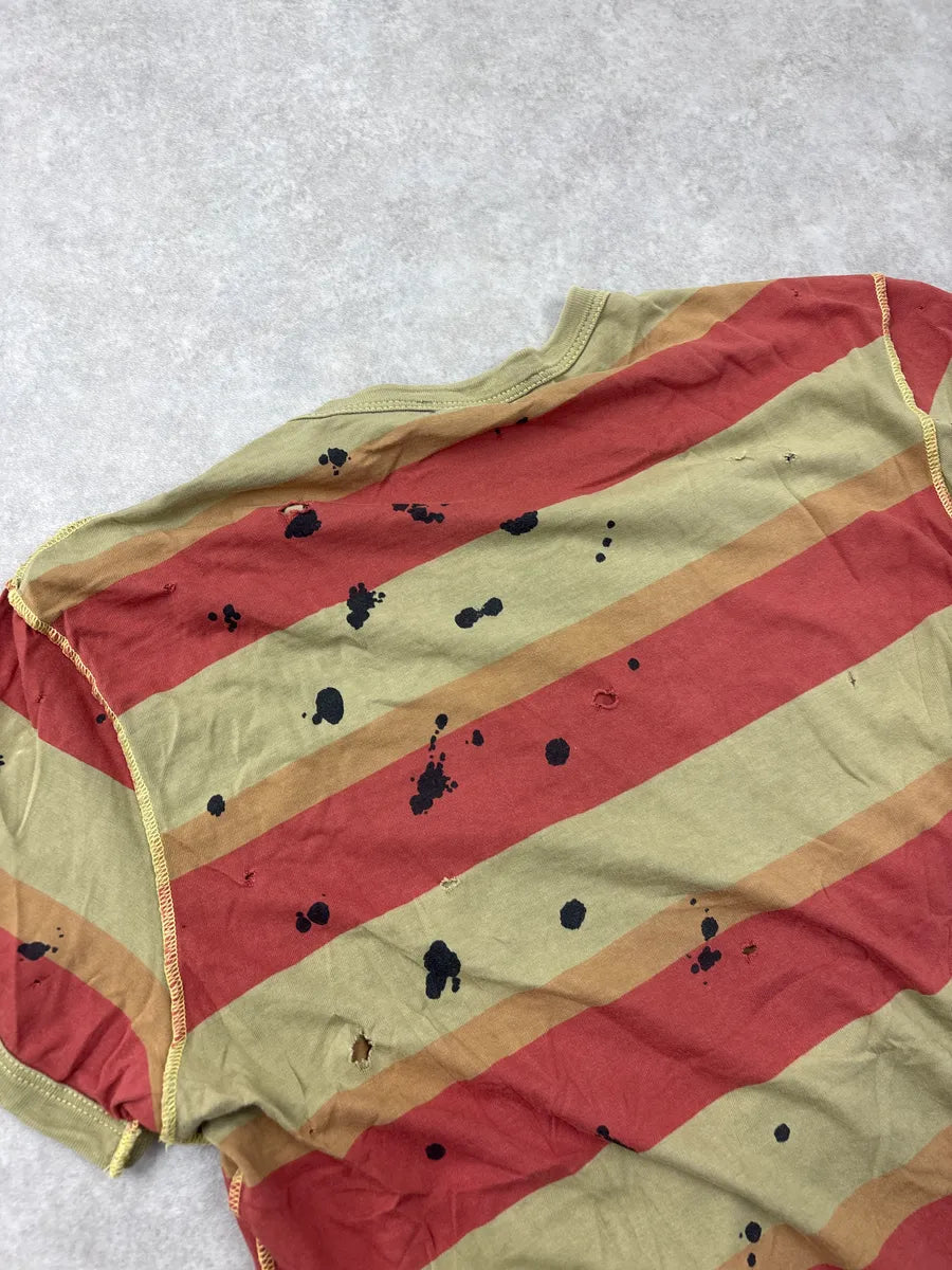 2000s Dolce & Gabbana Khaki & Red Stripe Paint Splatter Distressed T-Shirt oXPOUvjP 6