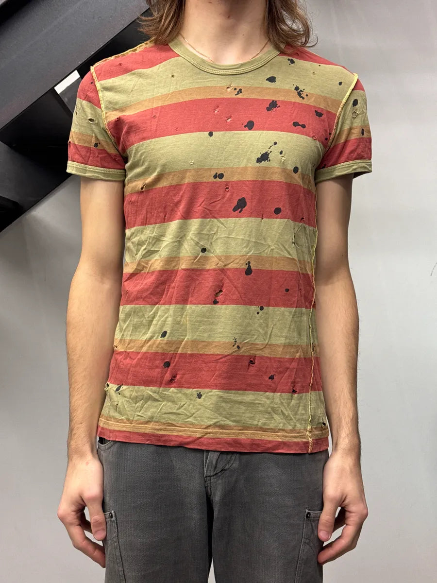 2000s Dolce & Gabbana Khaki & Red Stripe Paint Splatter Distressed T-Shirt oXPOUvjP 1