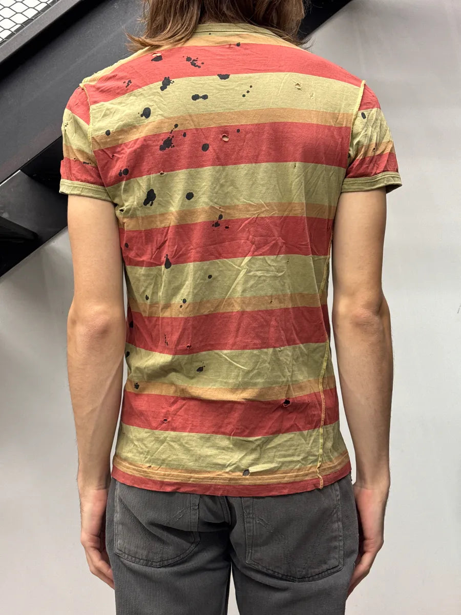 2000s Dolce & Gabbana Khaki & Red Stripe Paint Splatter Distressed T-Shirt oXPOUvjP 2