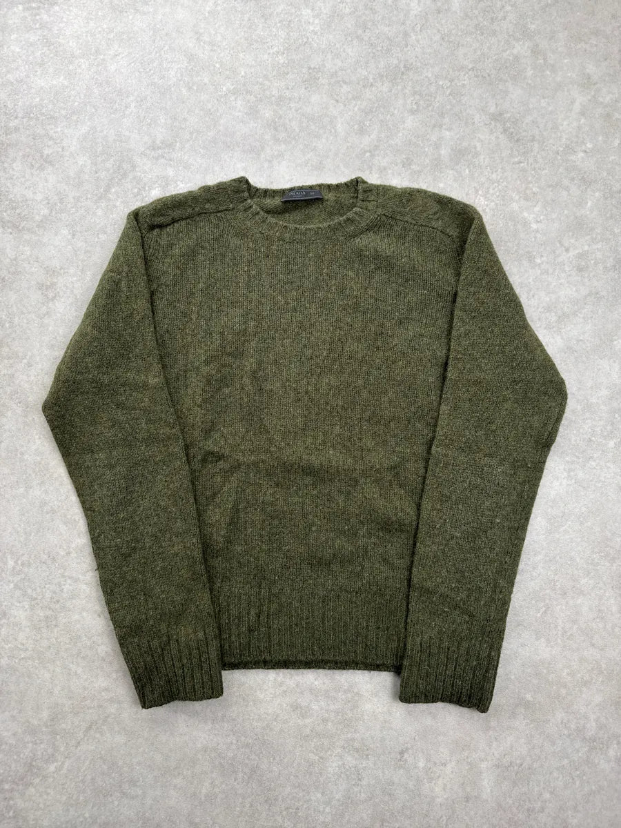 2000s Prada Olive Wool Textured Knit Crewneck Sweater oiMQsfvb 2