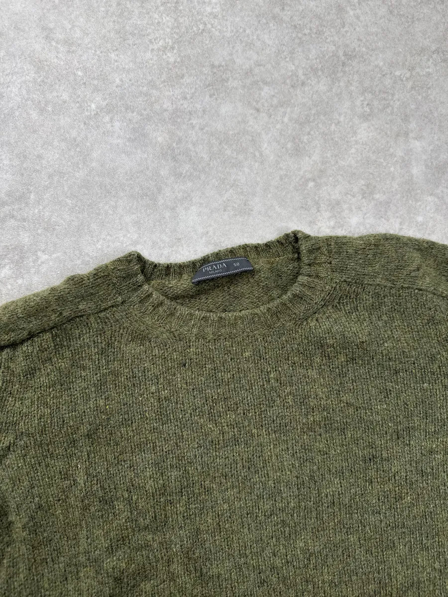 2000s Prada Olive Wool Textured Knit Crewneck Sweater oiMQsfvb 7