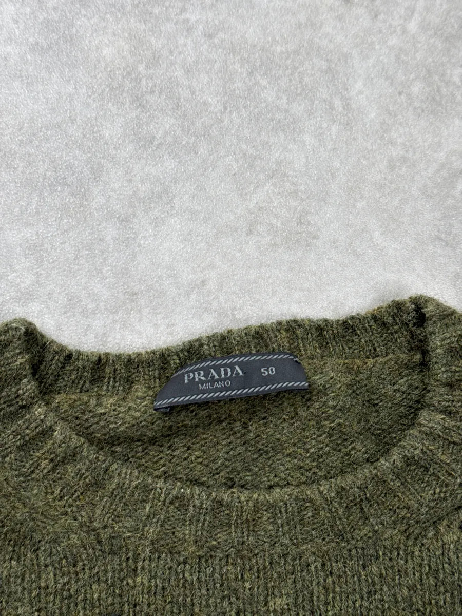 2000s Prada Olive Wool Textured Knit Crewneck Sweater oiMQsfvb 8