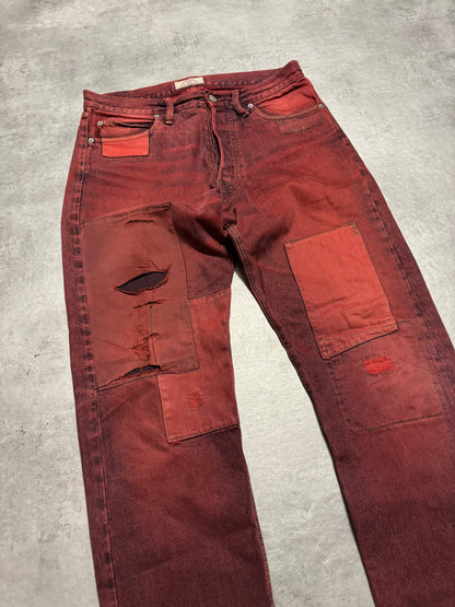 1990s Armani Red Faded Denim Patchwork Pants (L) - 6