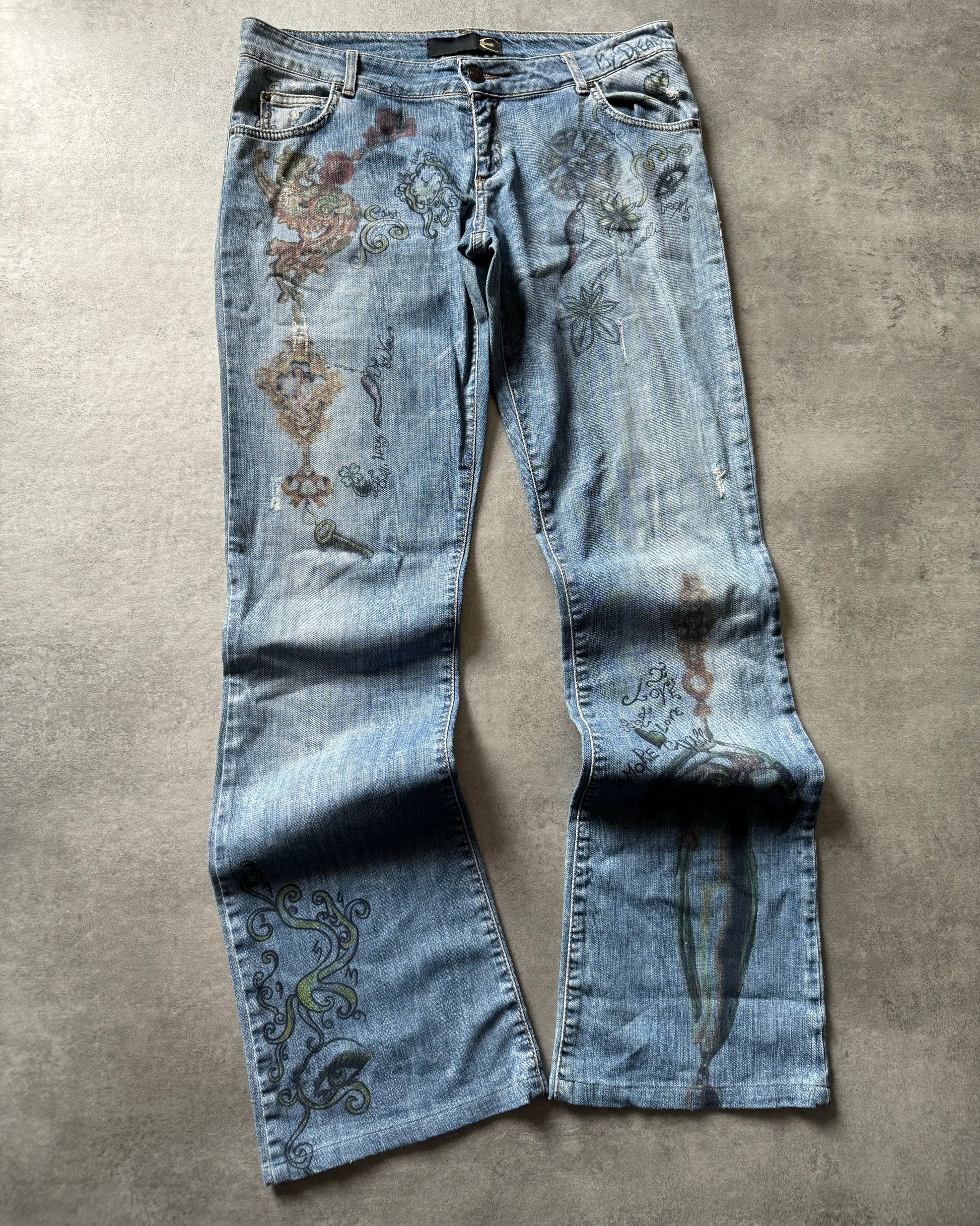 SS2007 Cavalli Painted Demoniac War Denim Pants (M) - 4