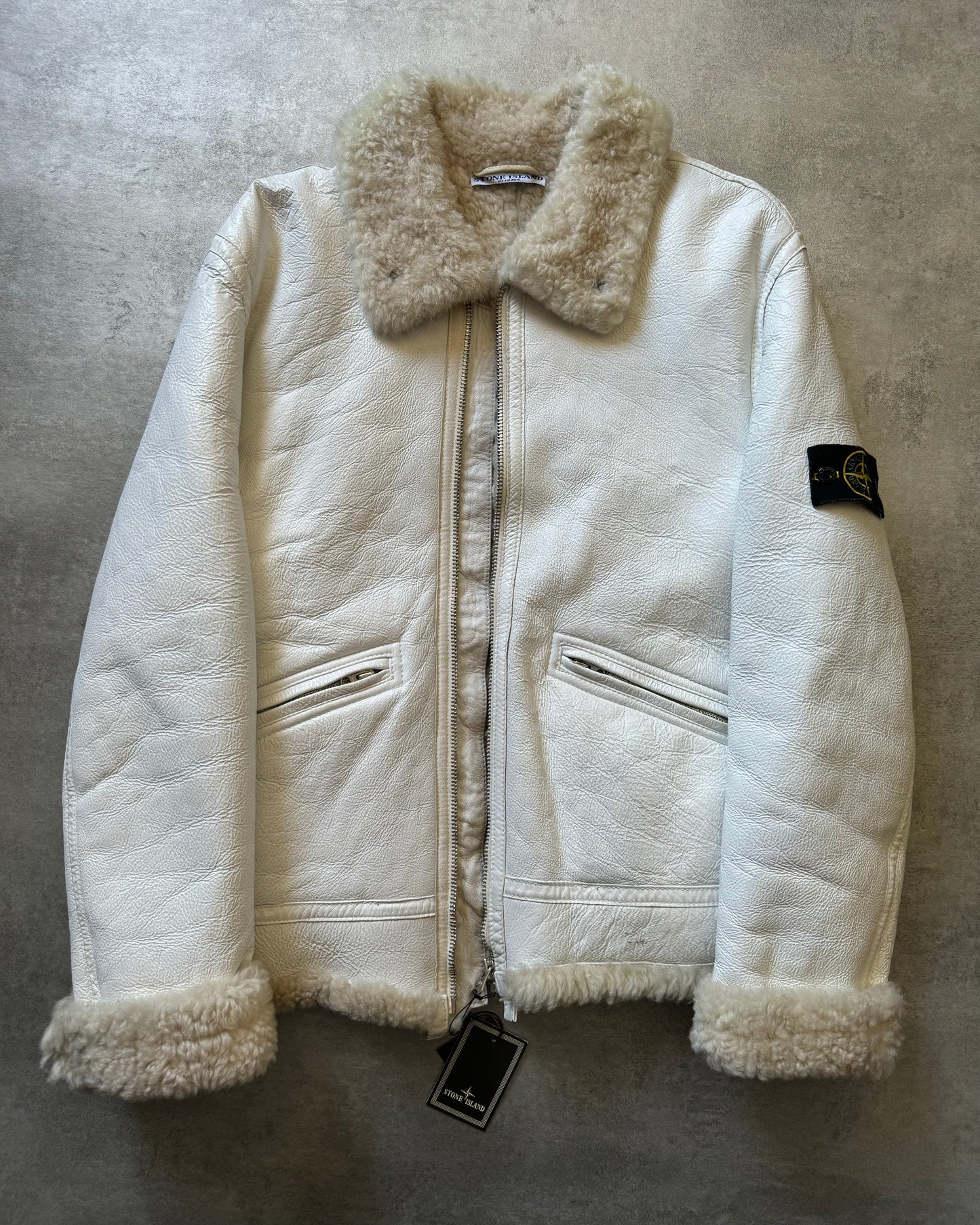 AW2006 Stone Island Hand Painted Sheepskin White Shearling Leather Jacket (L) - 9