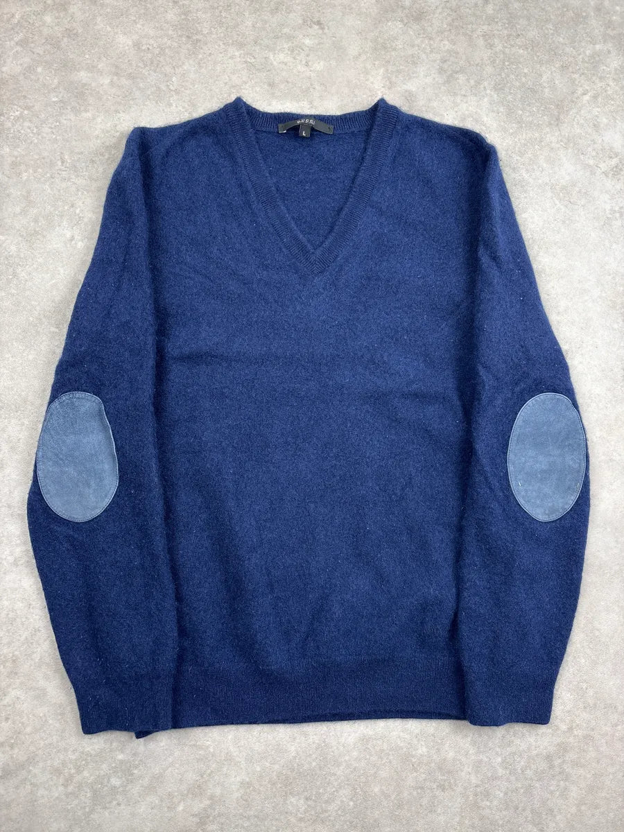 2000s Gucci Navy Cashmere V-Neck Elbow Patch Sweater oxfRaxUX 0