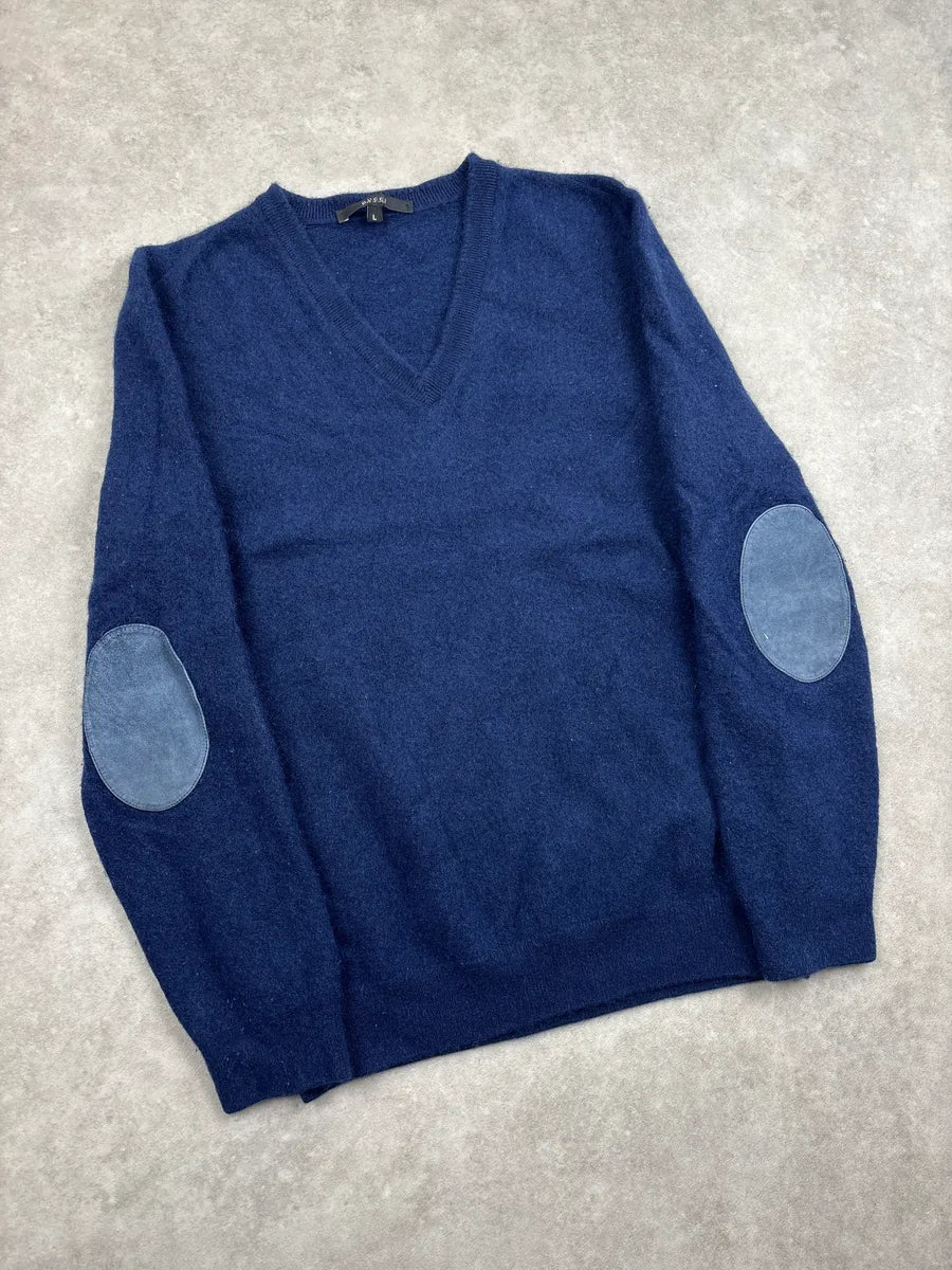 2000s Gucci Navy Cashmere V-Neck Elbow Patch Sweater oxfRaxUX 3