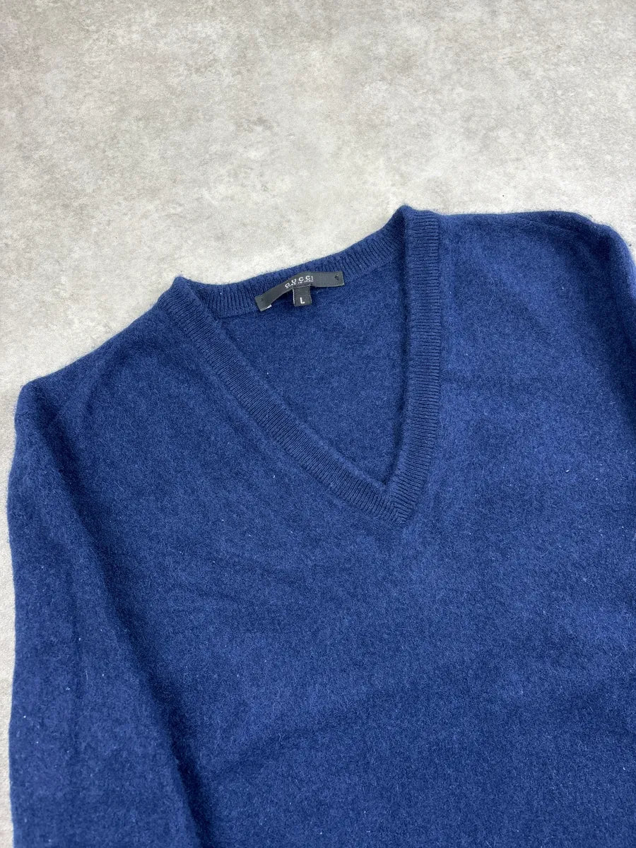 2000s Gucci Navy Cashmere V-Neck Elbow Patch Sweater oxfRaxUX 5