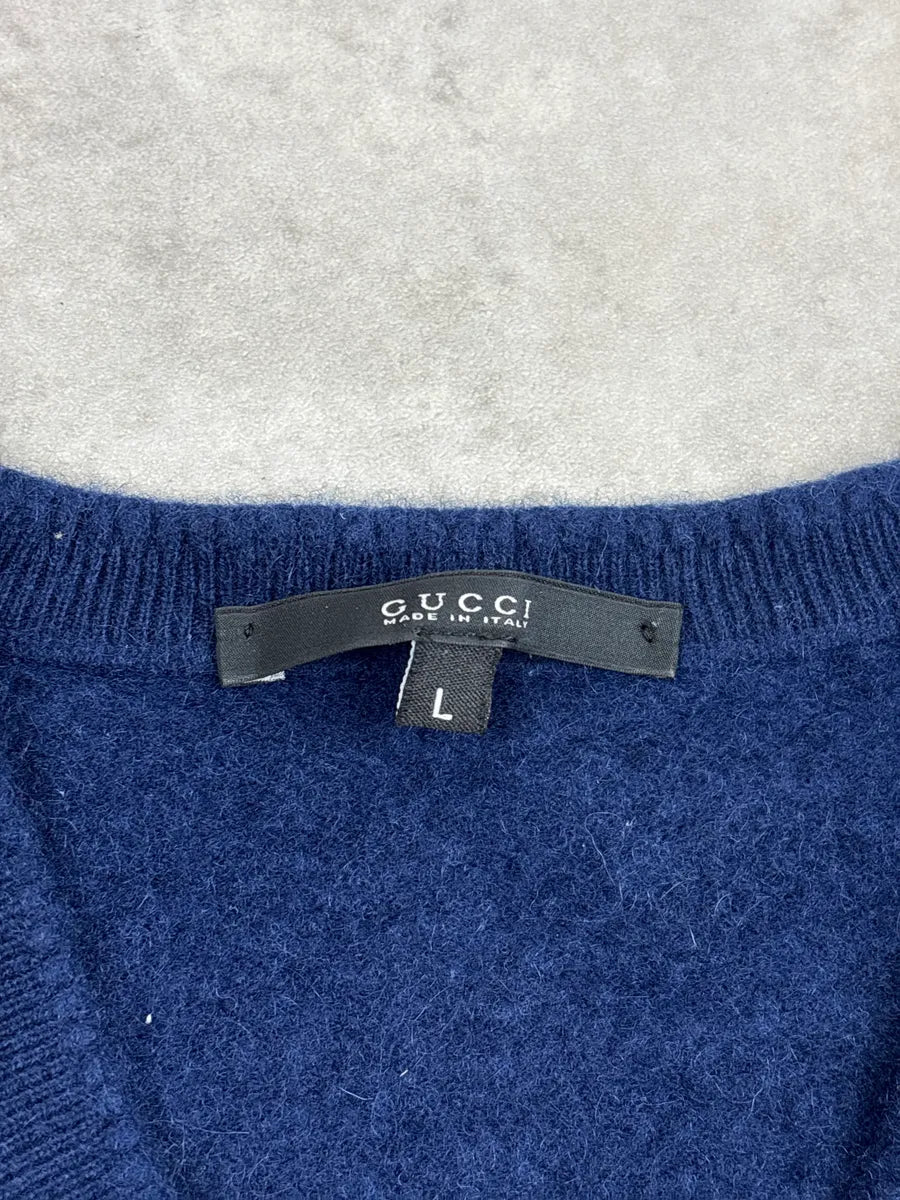 2000s Gucci Navy Cashmere V-Neck Elbow Patch Sweater oxfRaxUX 8