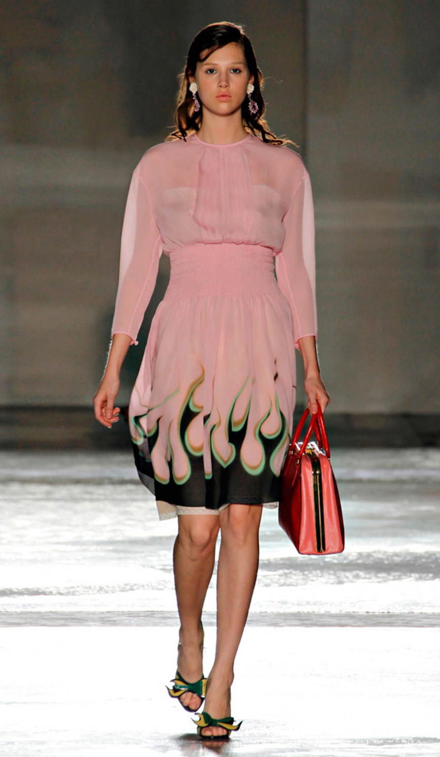 SS2012 Prada Pleated Flame Skirt Pink Black & Green (S) - 2