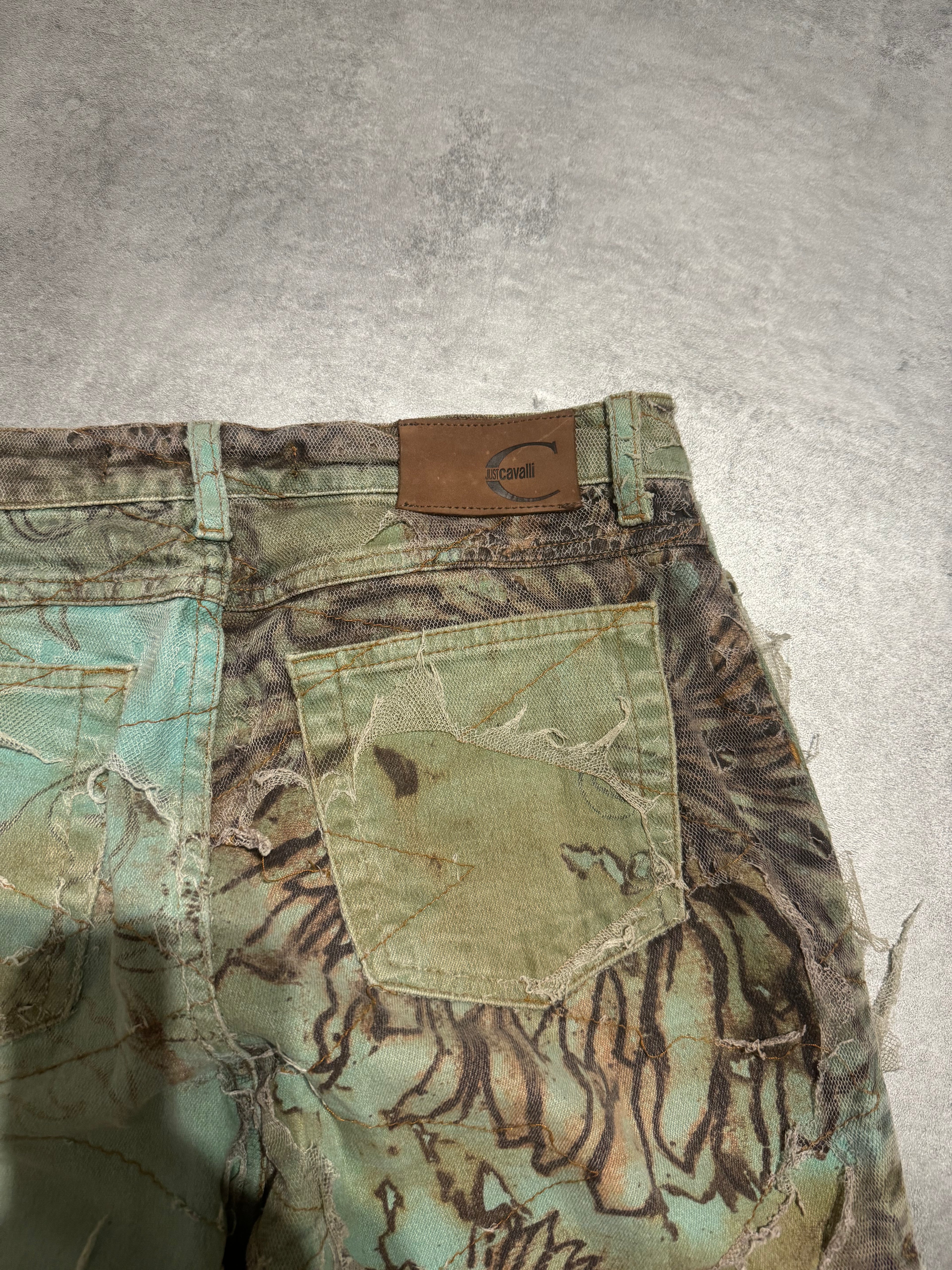 2000s Cavalli Destructured Artistic Floral Blue Pants (S) - 3