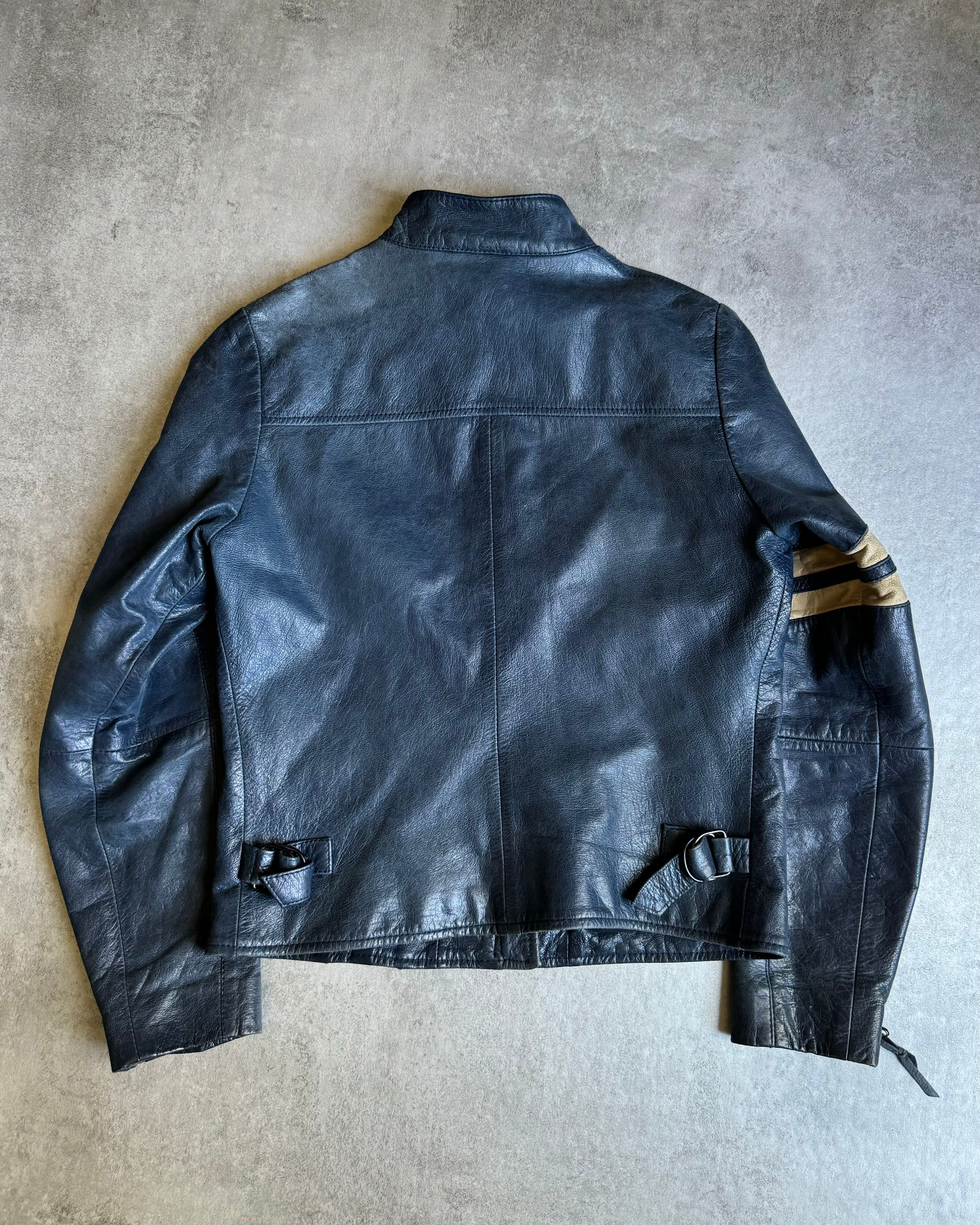 2000s Dolce & Gabbana Stripes Navy Leather Biker Racer Jacket (XS) - 2