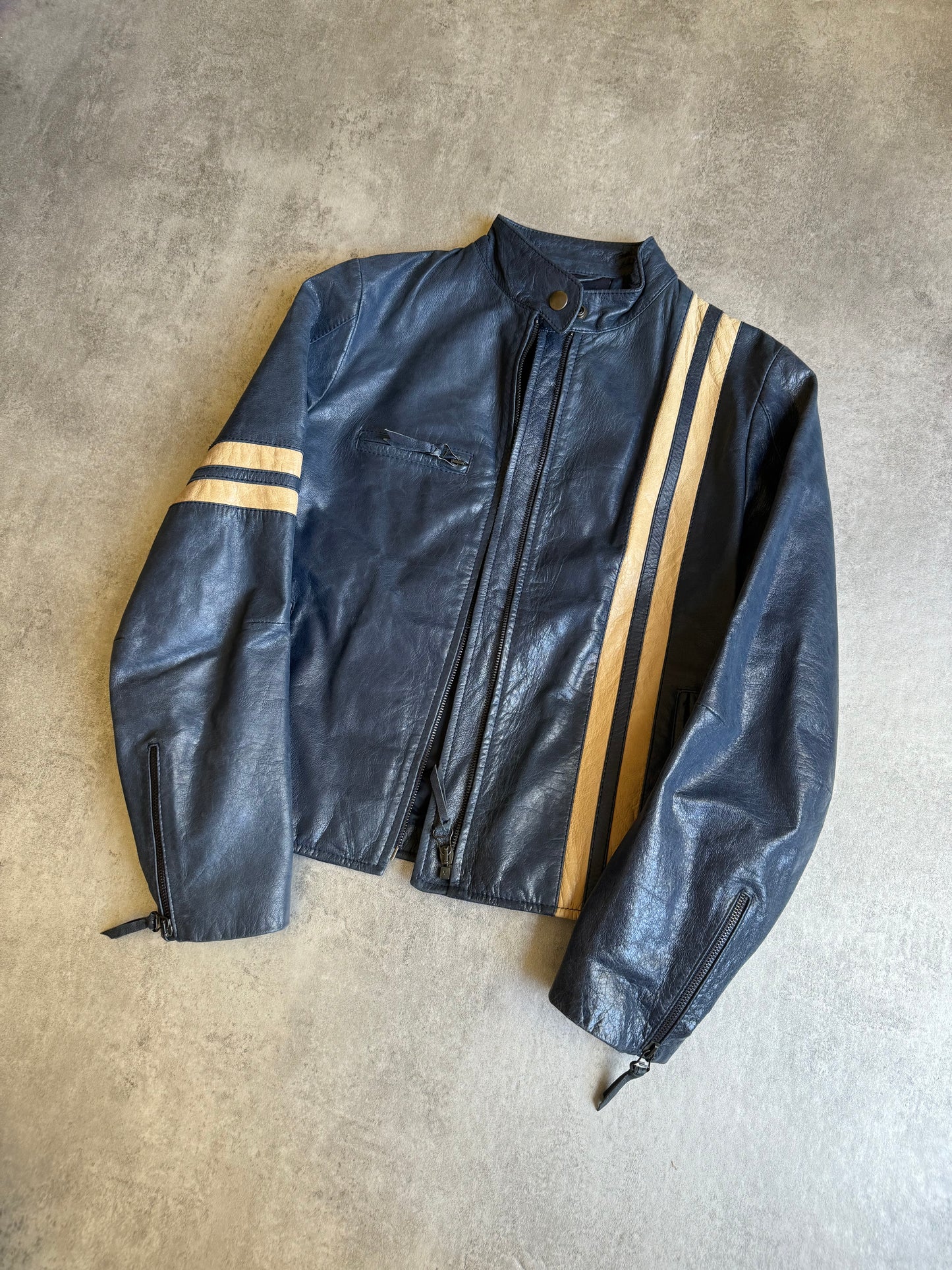 2000s Dolce & Gabbana Stripes Navy Leather Biker Racer Jacket (XS/S) - 2