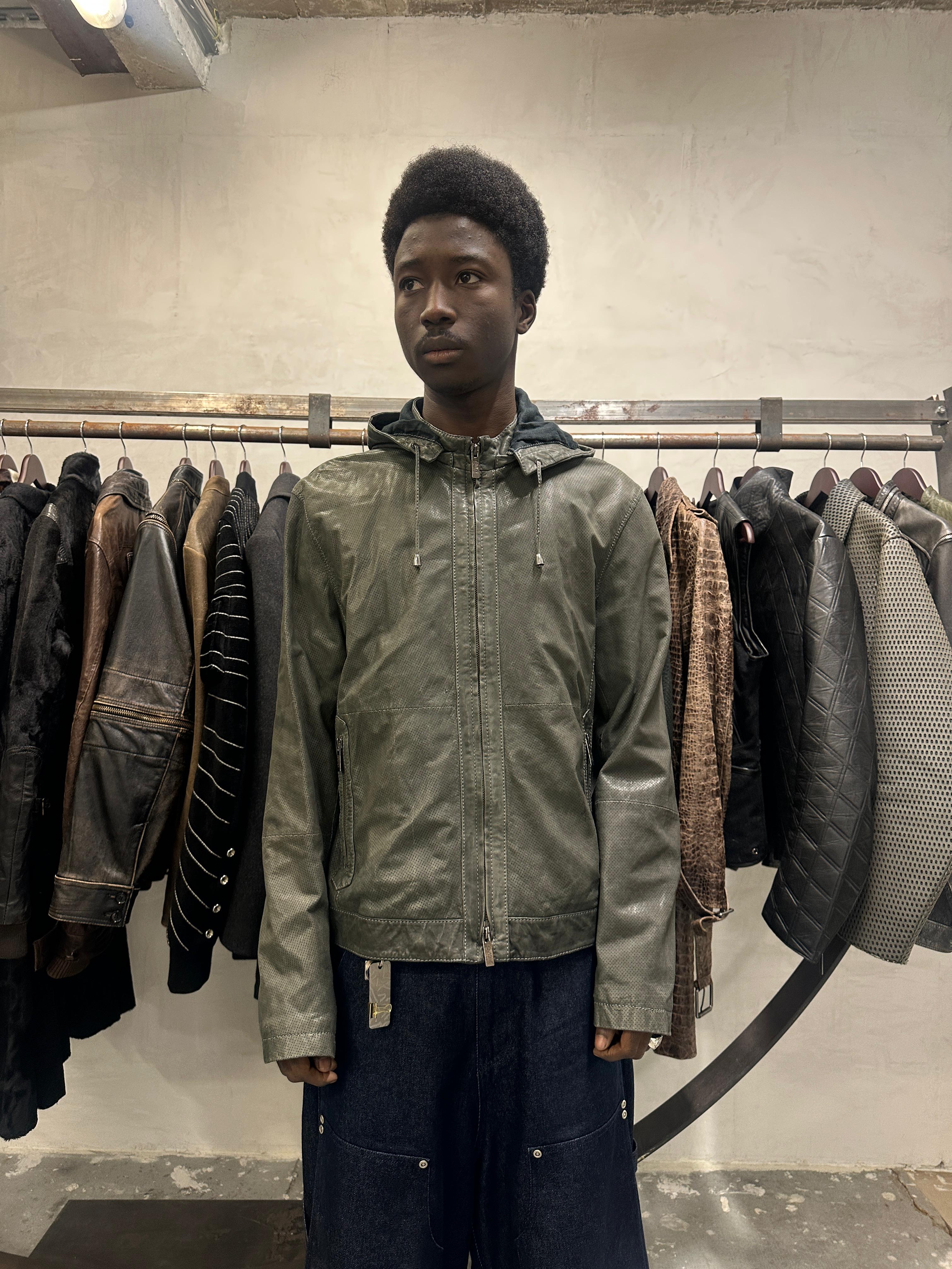 AW1998 Armani Collezioni Hooded Perfored Grey Leather Jacket (L) - 2