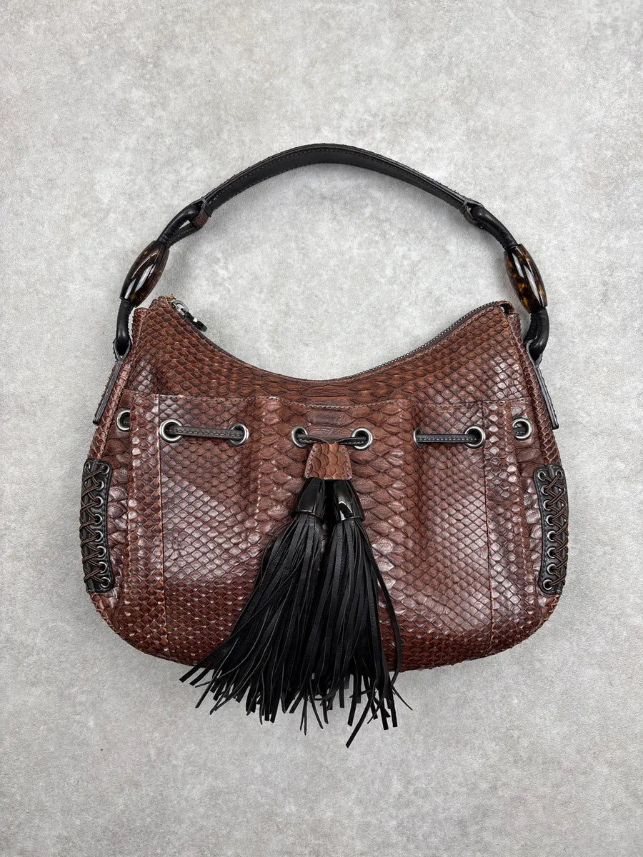 2000s Giorgio Armani Brown Leather Python Texture Tassel Shoulder Bag pHvrsPKd 0