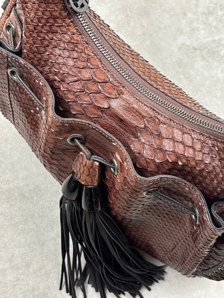 2000s Giorgio Armani Brown Leather Python Texture Tassel Shoulder Bag pHvrsPKd 14
