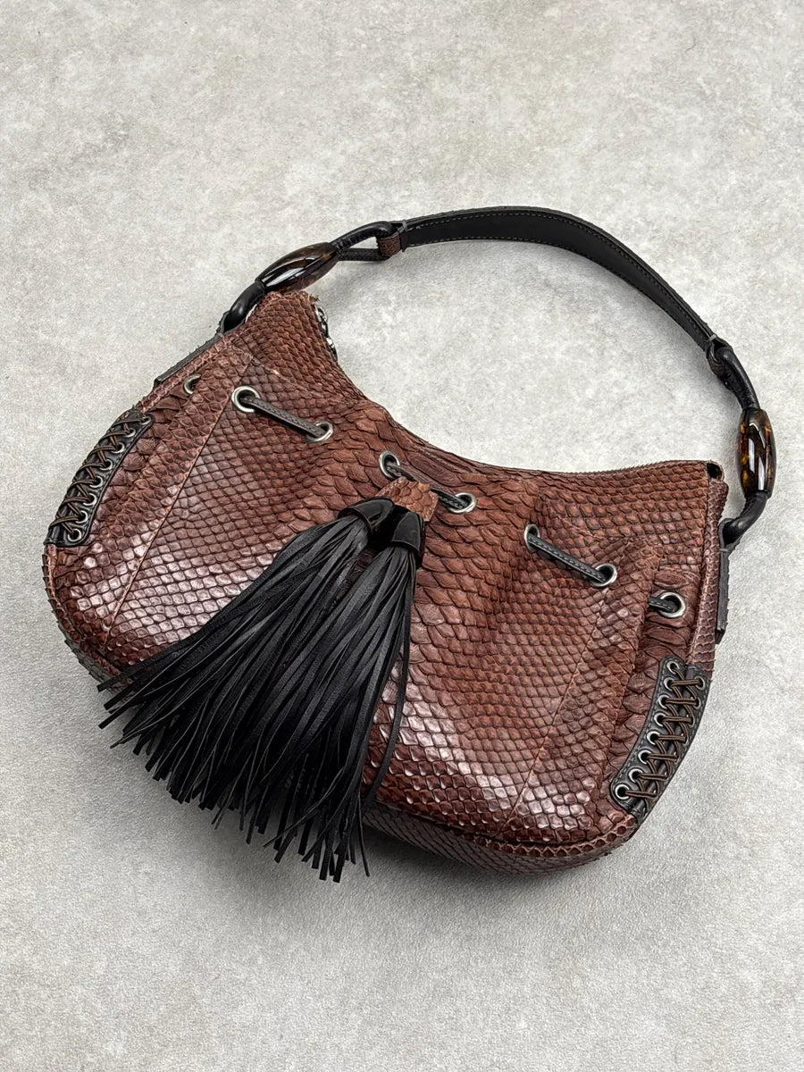 2000s Giorgio Armani Brown Leather Python Texture Tassel Shoulder Bag pHvrsPKd 3