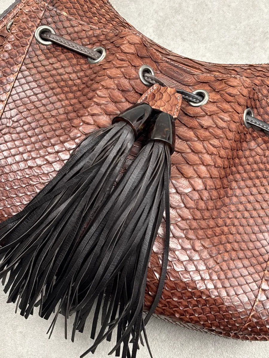 2000s Giorgio Armani Brown Leather Python Texture Tassel Shoulder Bag pHvrsPKd 7