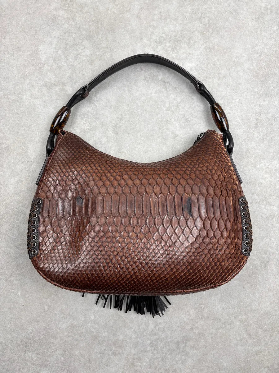 2000s Giorgio Armani Brown Leather Python Texture Tassel Shoulder Bag pHvrsPKd 4