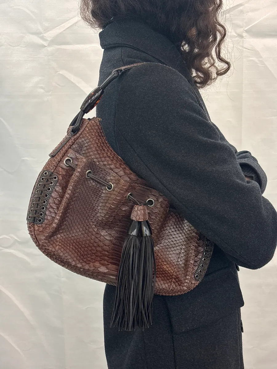 2000s Giorgio Armani Brown Leather Python Texture Tassel Shoulder Bag pHvrsPKd 2
