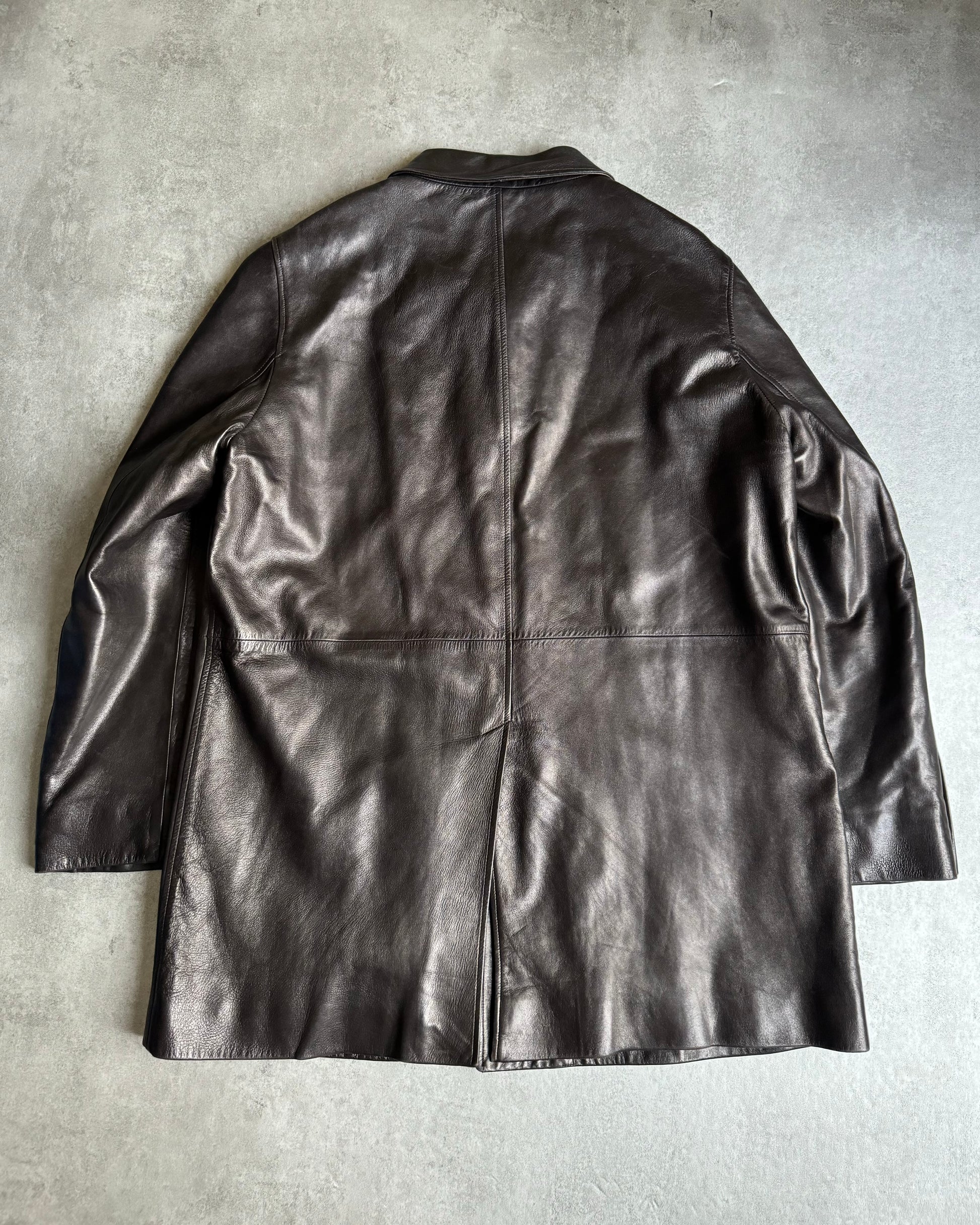 2000s Prada Adonis Hasselt Deep Brown Classy Long Leather Jacket (L/XL) - 2