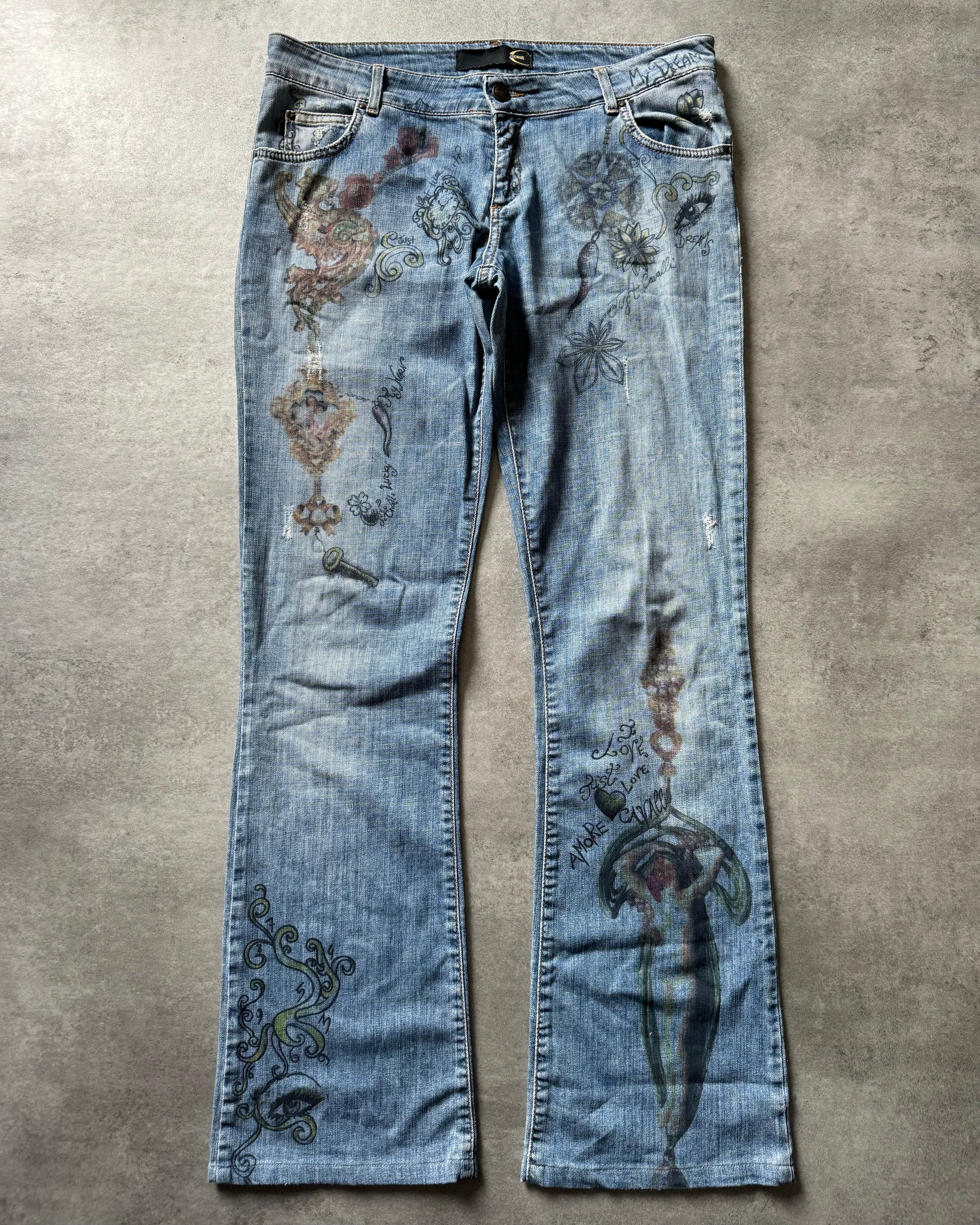 SS2007 Cavalli Painted Demoniac War Denim Pants (M) - 1