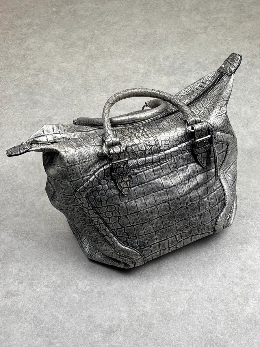 2010s Alexander McQueen Silver Grey Leather Crocodile Effect Metallic Bag pStFhNkH 3