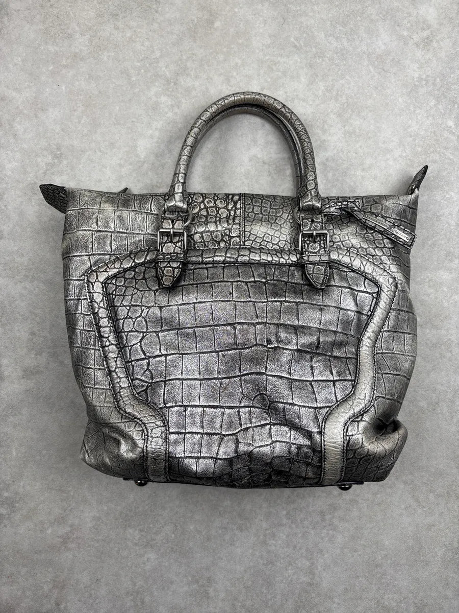2010s Alexander McQueen Silver Grey Leather Crocodile Effect Metallic Bag pStFhNkH 1