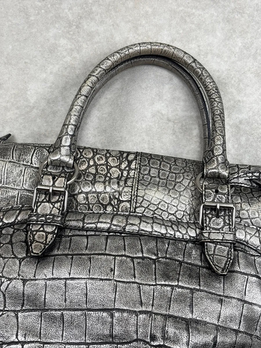 2010s Alexander McQueen Silver Grey Leather Crocodile Effect Metallic Bag pStFhNkH 5