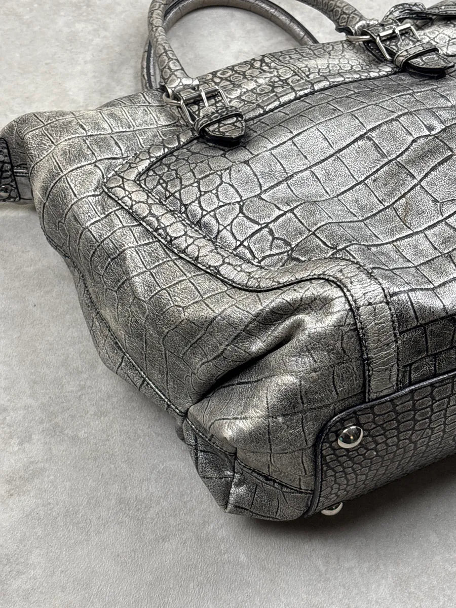 2010s Alexander McQueen Silver Grey Leather Crocodile Effect Metallic Bag pStFhNkH 7