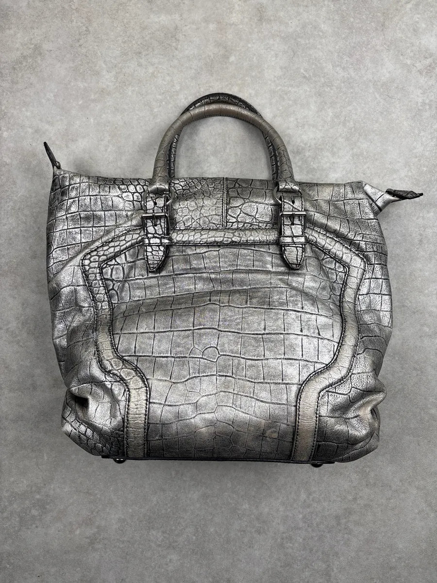 2010s Alexander McQueen Silver Grey Leather Crocodile Effect Metallic Bag pStFhNkH 4