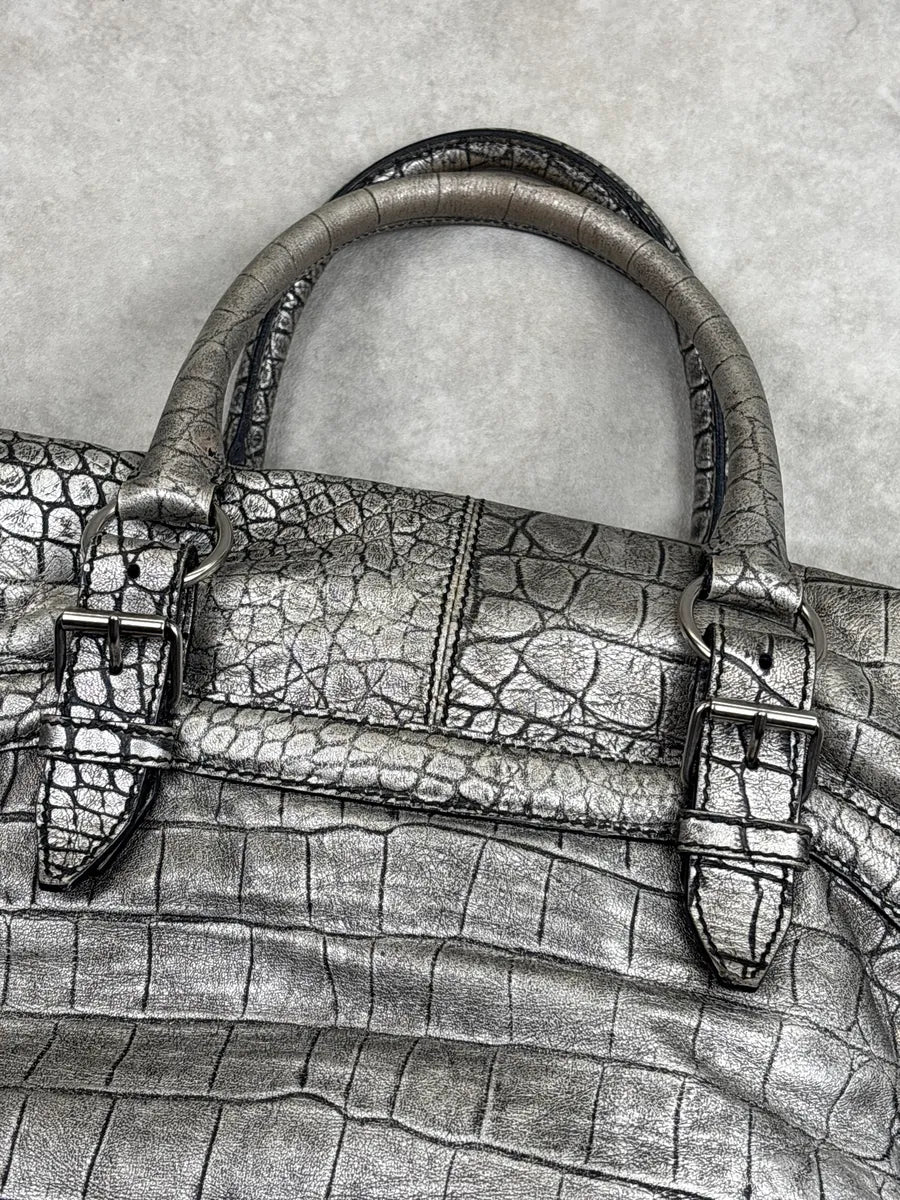 2010s Alexander McQueen Silver Grey Leather Crocodile Effect Metallic Bag pStFhNkH 9