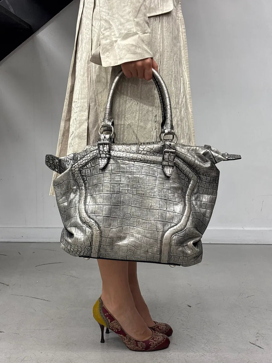 2010s Alexander McQueen Silver Grey Leather Crocodile Effect Metallic Bag pStFhNkH 0