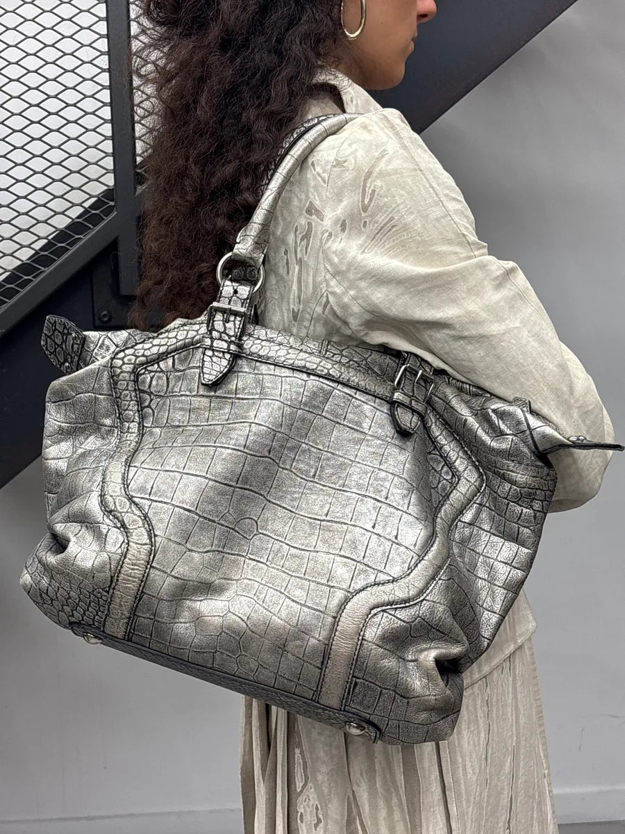 2010s Alexander McQueen Silver Grey Leather Crocodile Effect Metallic Bag pStFhNkH 2