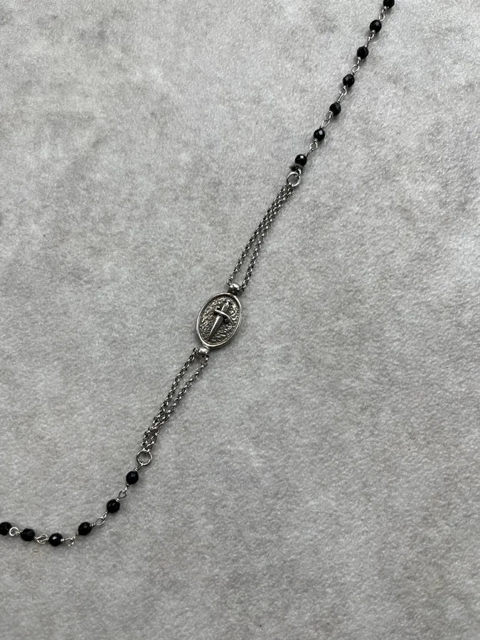 Paciotti Silver Cross & Dagger Black Beaded Necklace oPoauEi 3