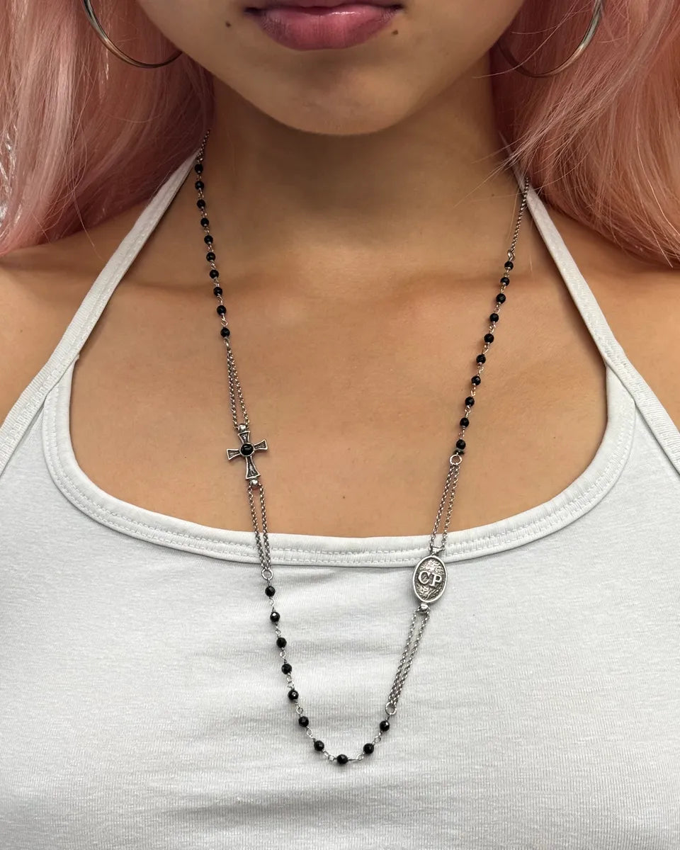 Paciotti Silver Cross & Dagger Black Beaded Necklace oPoauEi 4