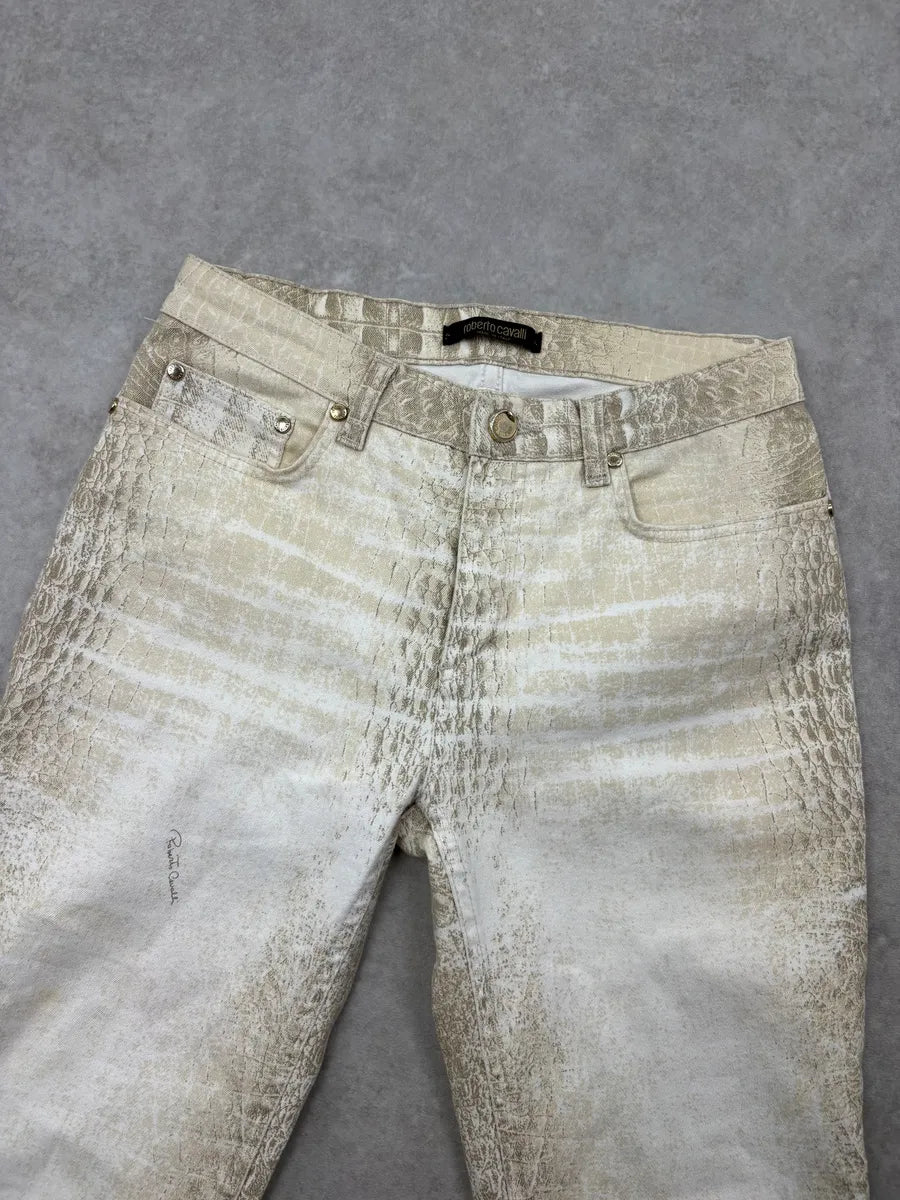 2000s Roberto Cavalli Crocodile Effect White & Beige Pants bHiGZpS 4