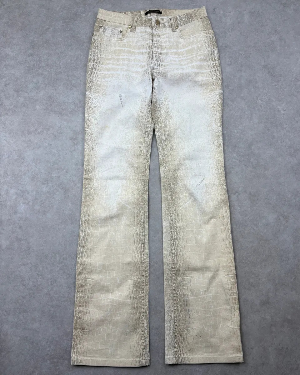 2000s Roberto Cavalli Crocodile Effect White & Beige Pants bHiGZpS 2