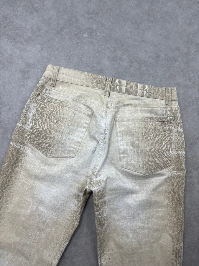 2000s Roberto Cavalli Crocodile Effect White & Beige Pants bHiGZpS 5