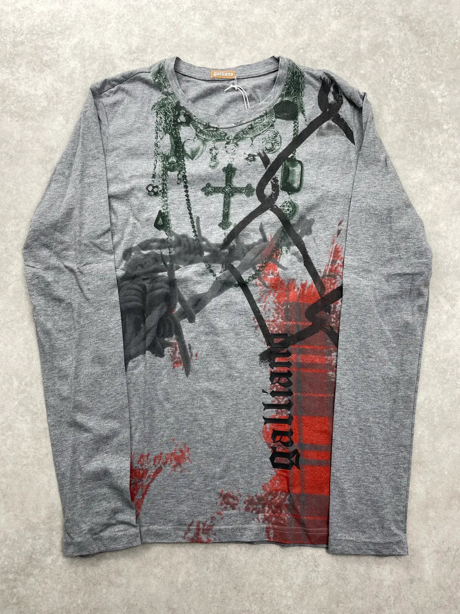 2000s Galliano Grey Jewelry Cross Print Longsleeve peZxTYmr 0