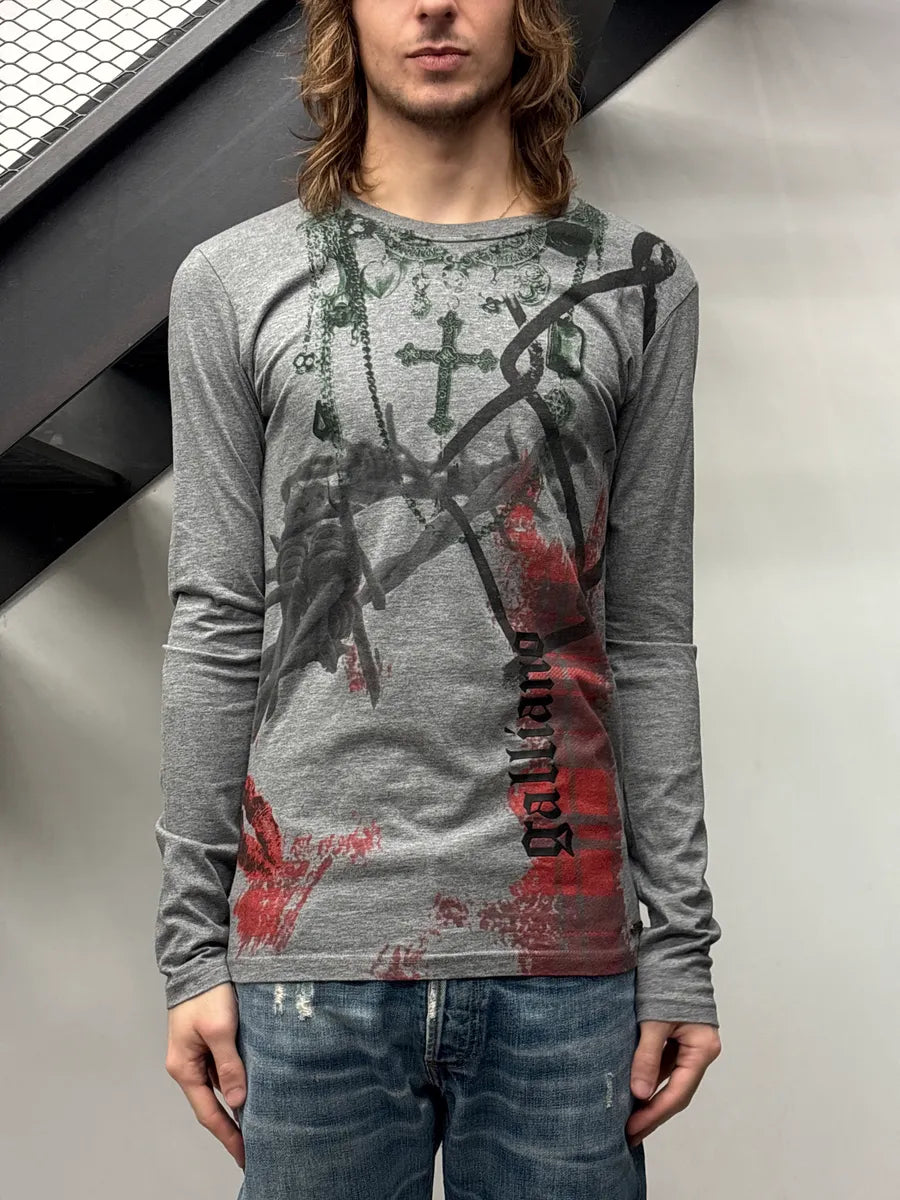 2000s Galliano Grey Jewelry Cross Print Longsleeve peZxTYmr 1